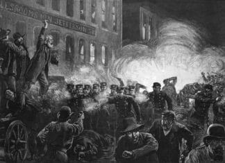 Bonne fête du (bon) Travail ! Gravure de 1886 parue dans le journal Harper's Weekly représentant le drame de Haymarket Square.