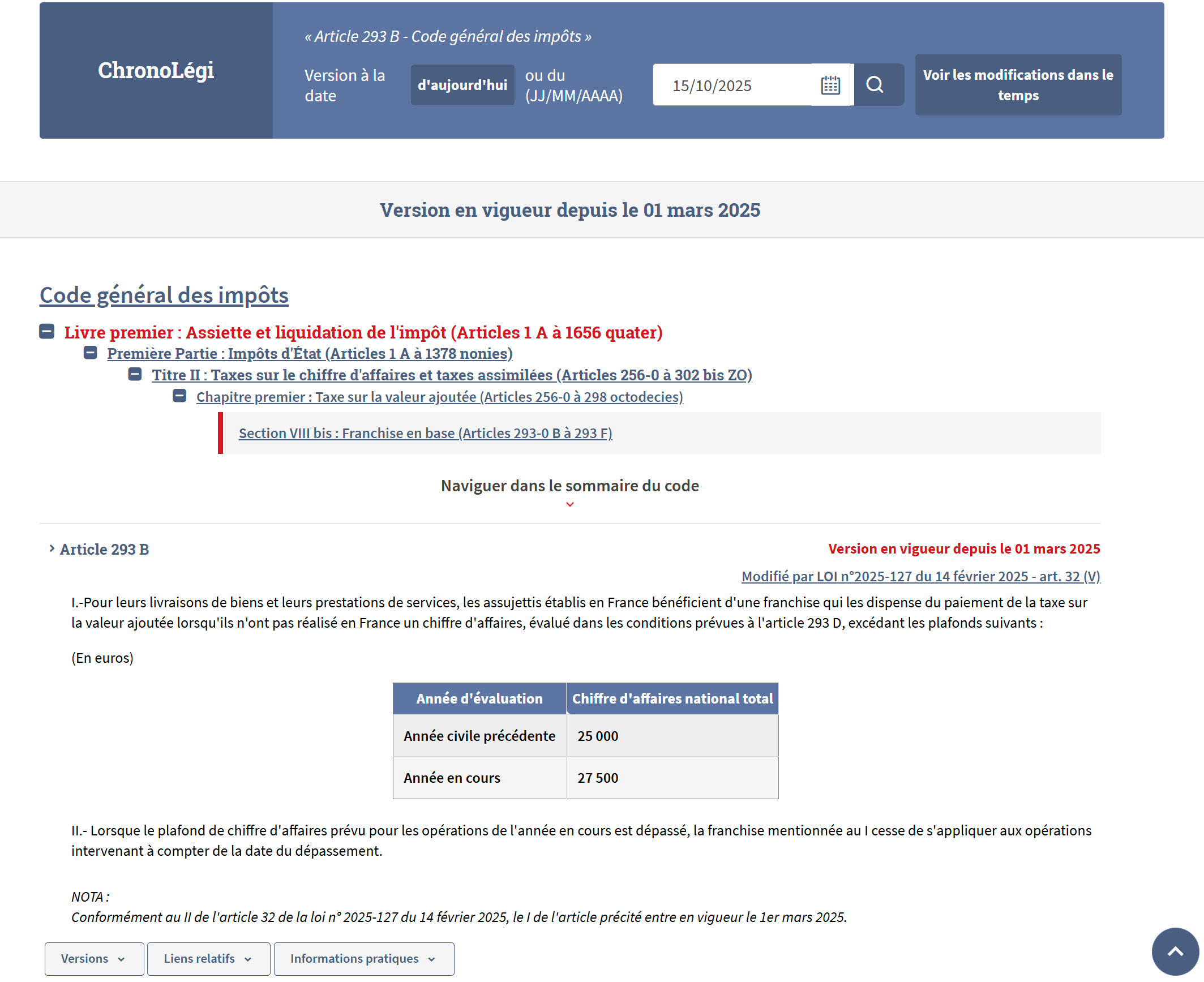 Article 293 B du Code général des impôts en vigueur au 15 octobre 2025